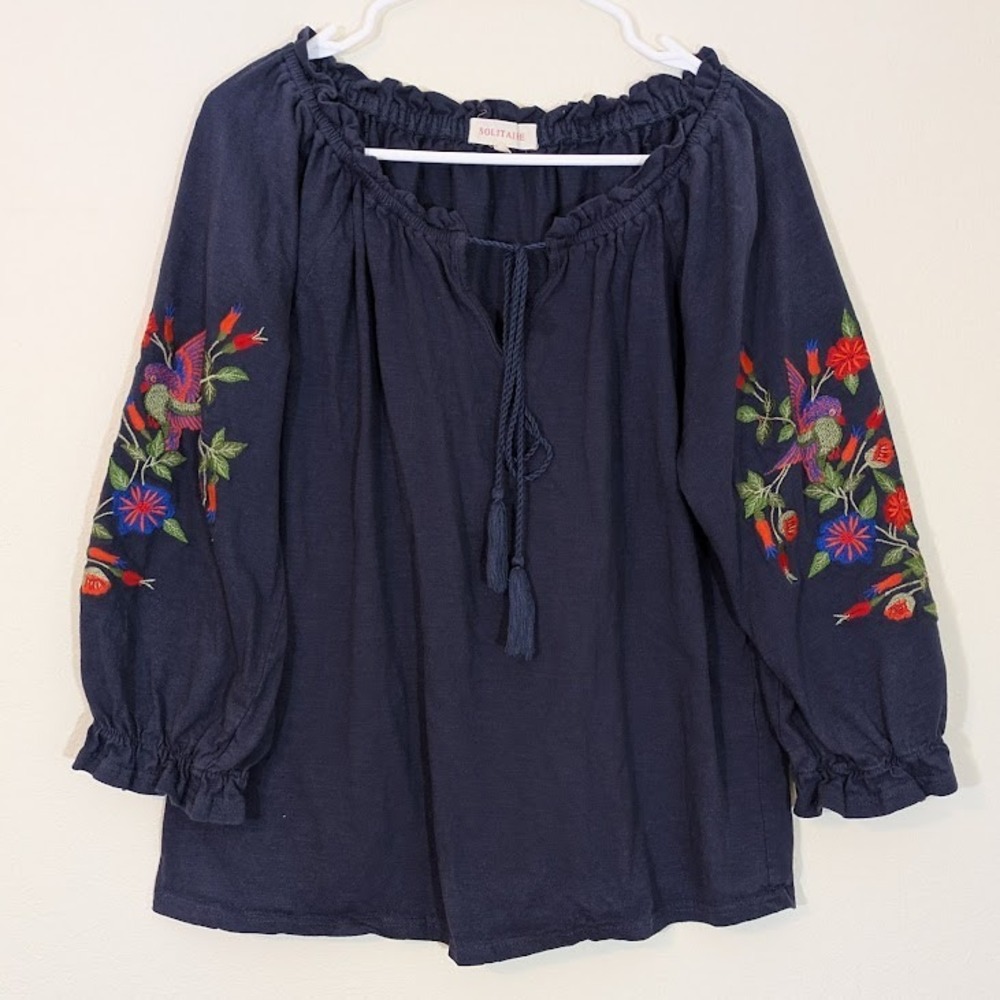 Boho Embroidered Peasant Blouse Navy Tassel Top Size L Solitaire 3/4 Sleeve